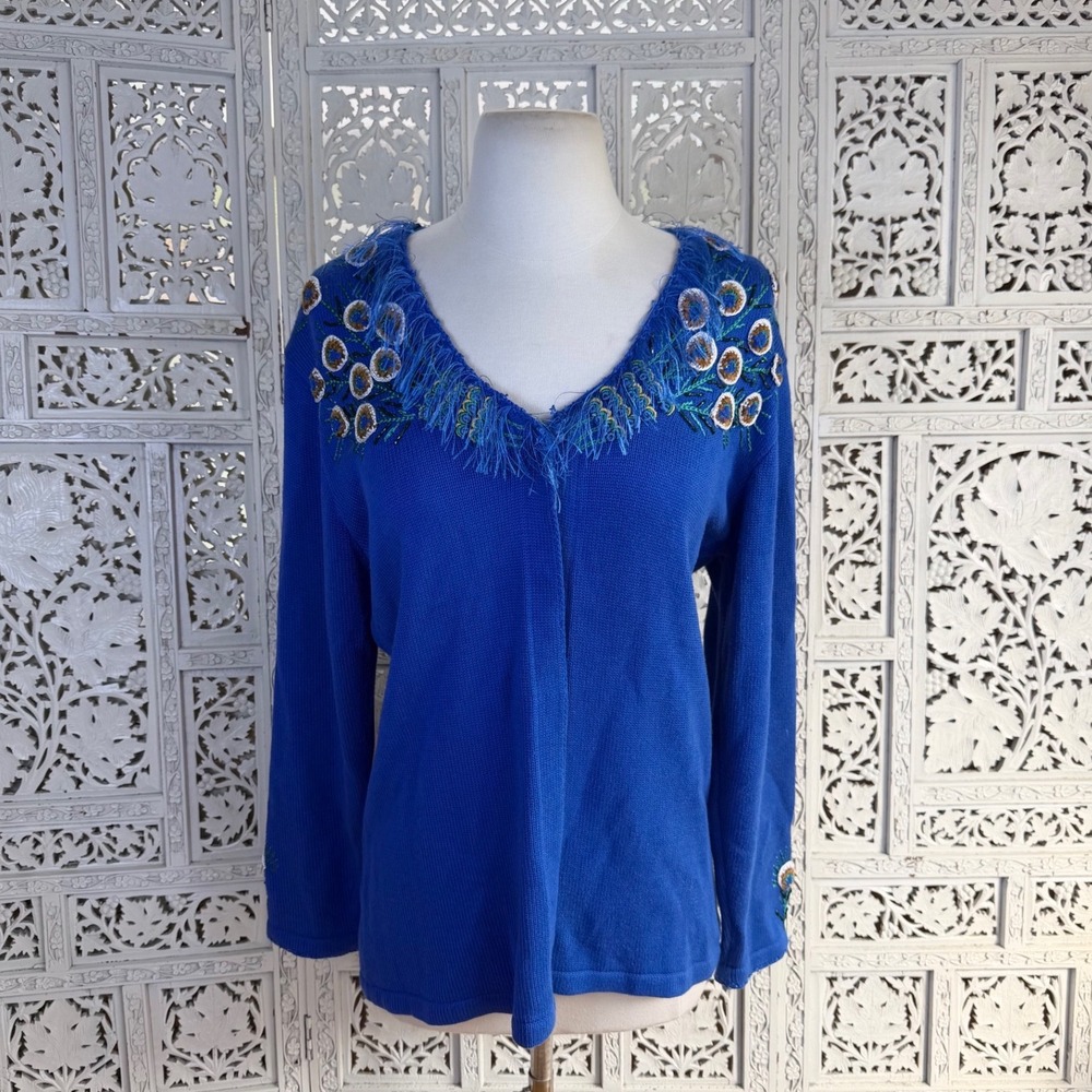 Storybook Knits Blue Grannycore Peacock Cardigan Sz Medium Fringe Retro Boho